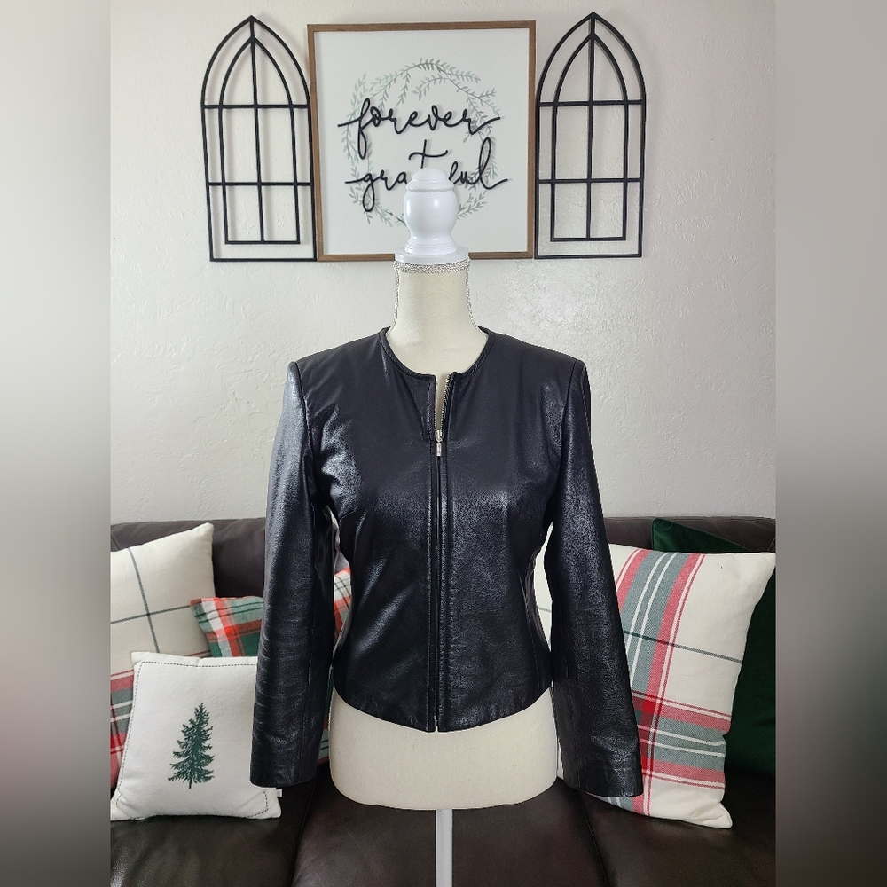 Talbots Women's Zip-Up Black Cropped Leather Jacket Size 4 Classic